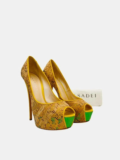 Pre - loved CASADEI Open Toe Beige & Green Pumps at Reems Closet