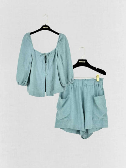 Pre - loved CASA/RAKI Pale Blue Size Large Top & Shorts Outfit at Reems Closet