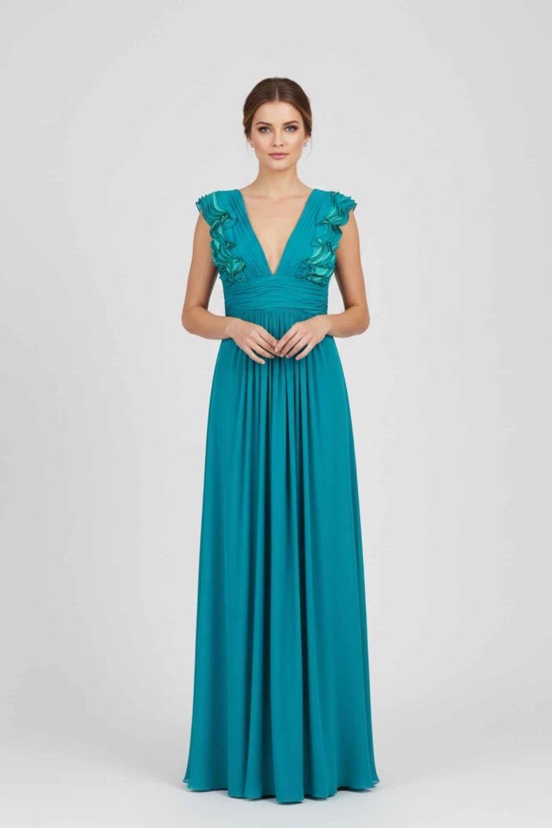Pre-loved CATHERINE MALANDRINO Green Ruched Size US 8 Long Dress at Reems Closet