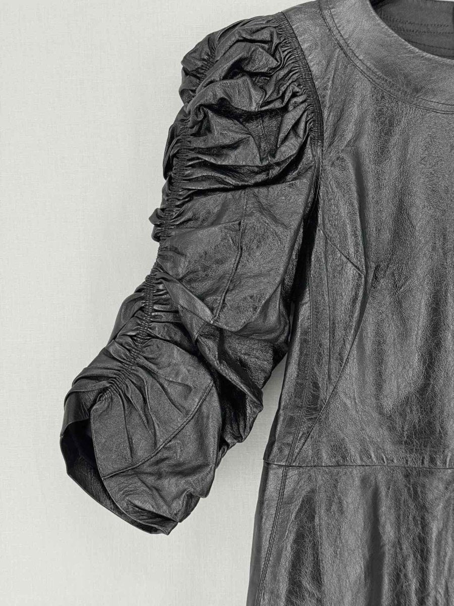 Pre - loved CELINE Leather Black Ruched Size XXSmall Short Dress at Reems Closet