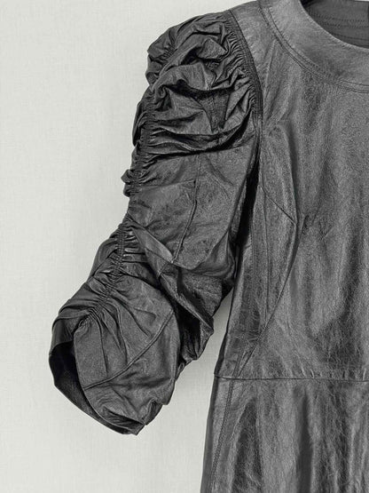 Pre - loved CELINE Leather Black Ruched Size XXSmall Short Dress at Reems Closet