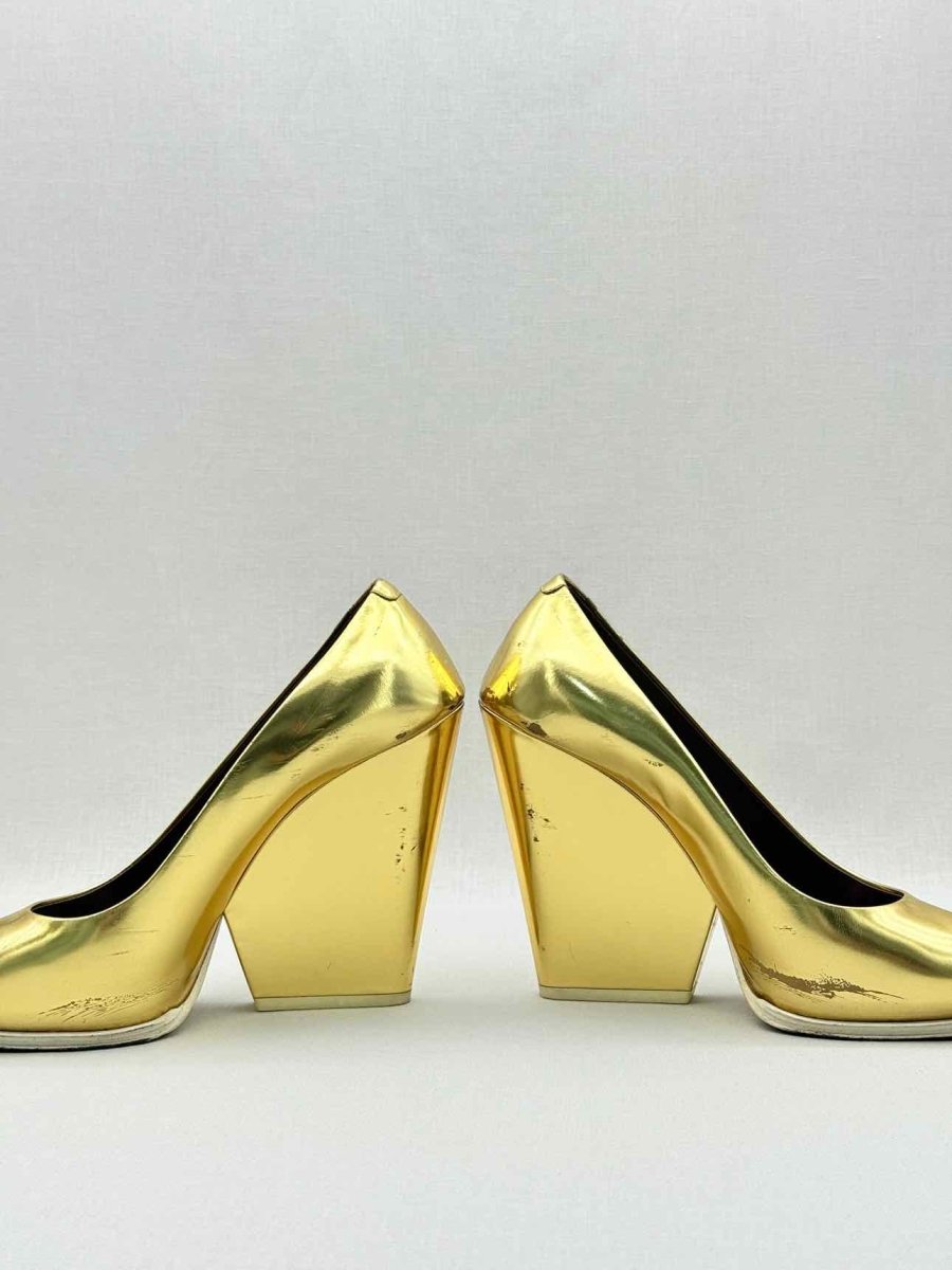 Pre - loved CELINE Metallic Gold Size EU 38.5 Wedges at Reems Closet