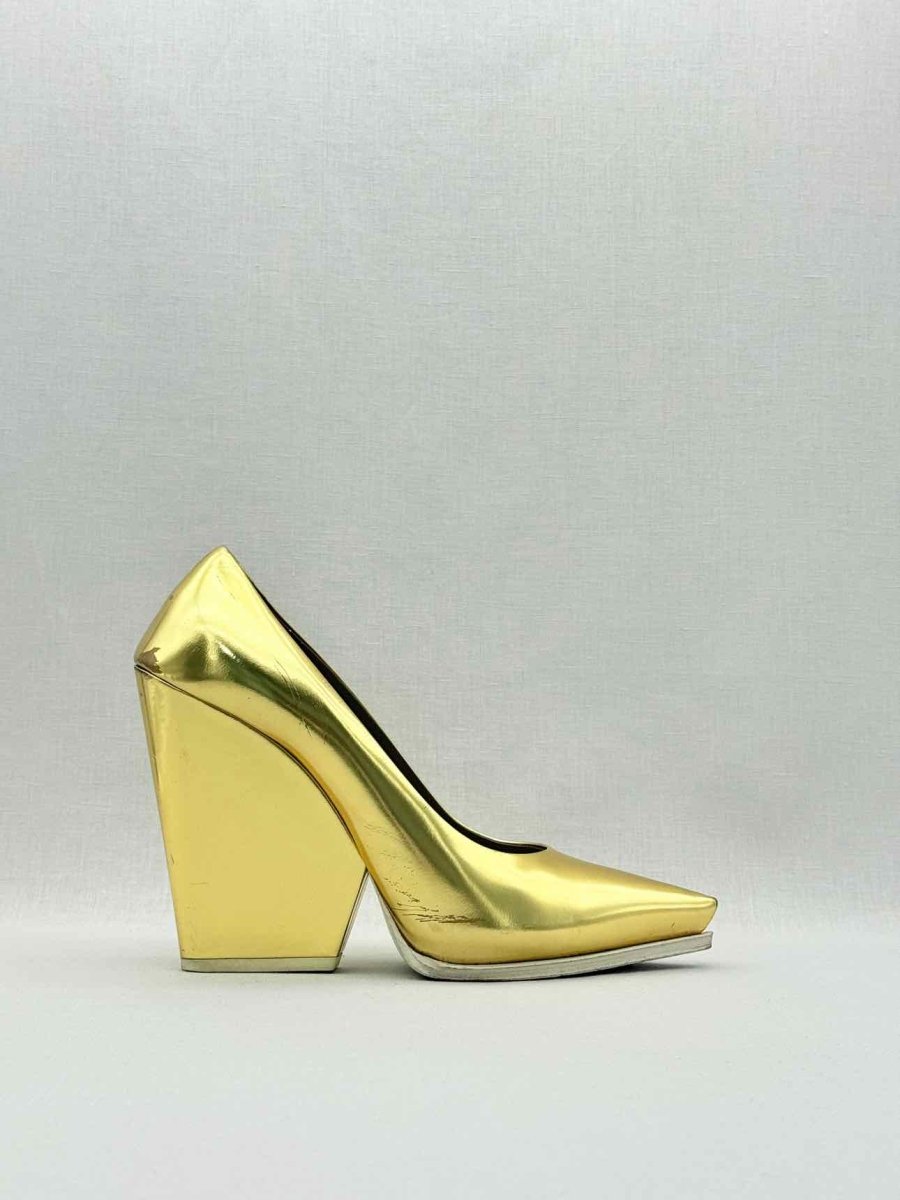 Pre - loved CELINE Metallic Gold Size EU 38.5 Wedges at Reems Closet