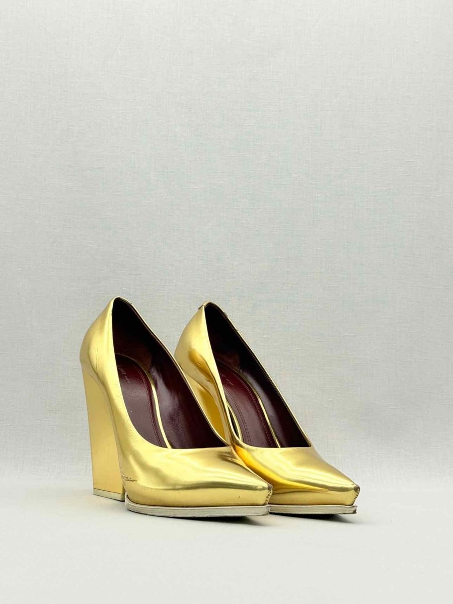 Pre - loved CELINE Metallic Gold Size EU 38.5 Wedges at Reems Closet