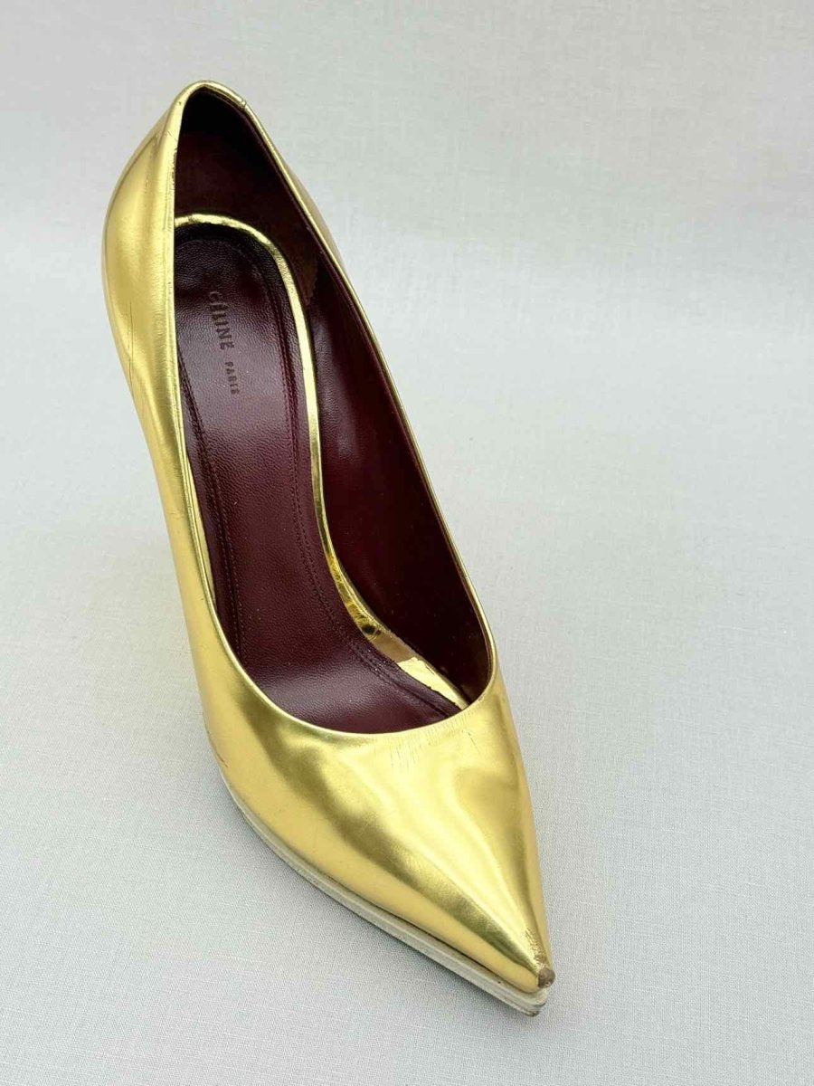 Pre - loved CELINE Metallic Gold Size EU 38.5 Wedges at Reems Closet