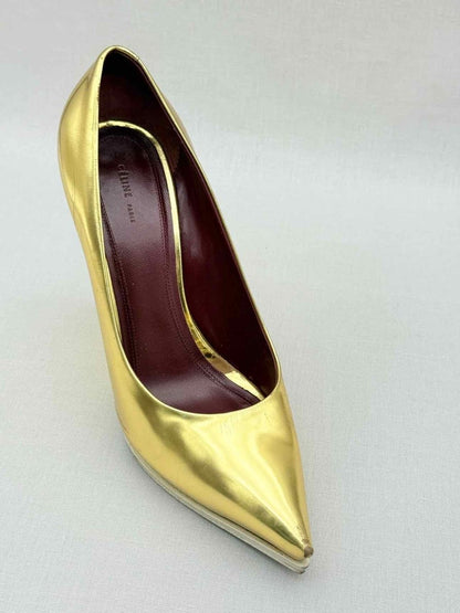 Pre - loved CELINE Metallic Gold Size EU 38.5 Wedges at Reems Closet