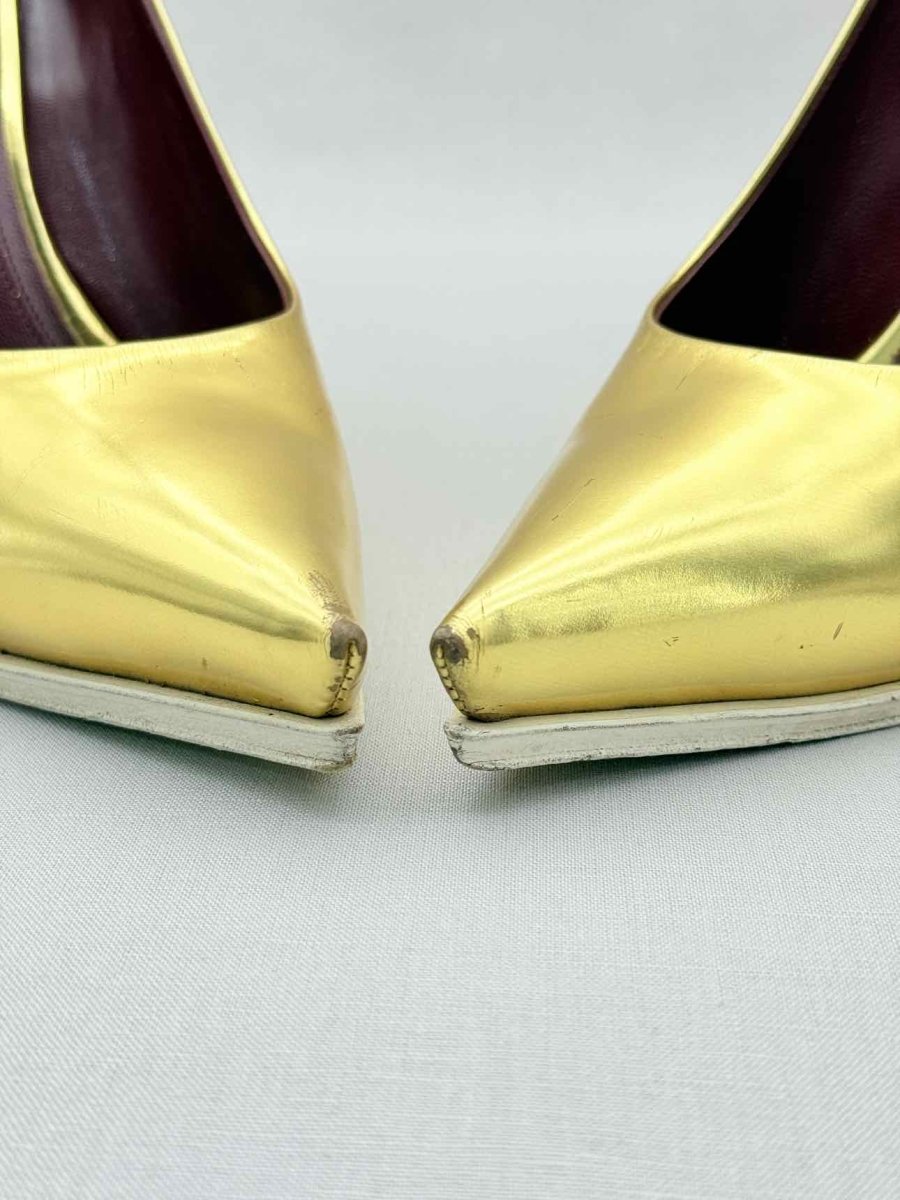 Pre - loved CELINE Metallic Gold Size EU 38.5 Wedges at Reems Closet
