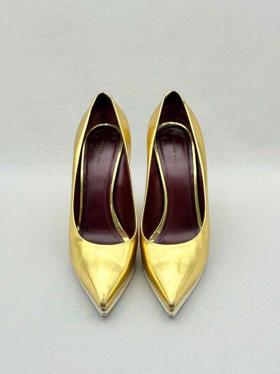 Pre - loved CELINE Metallic Gold Size EU 38.5 Wedges at Reems Closet