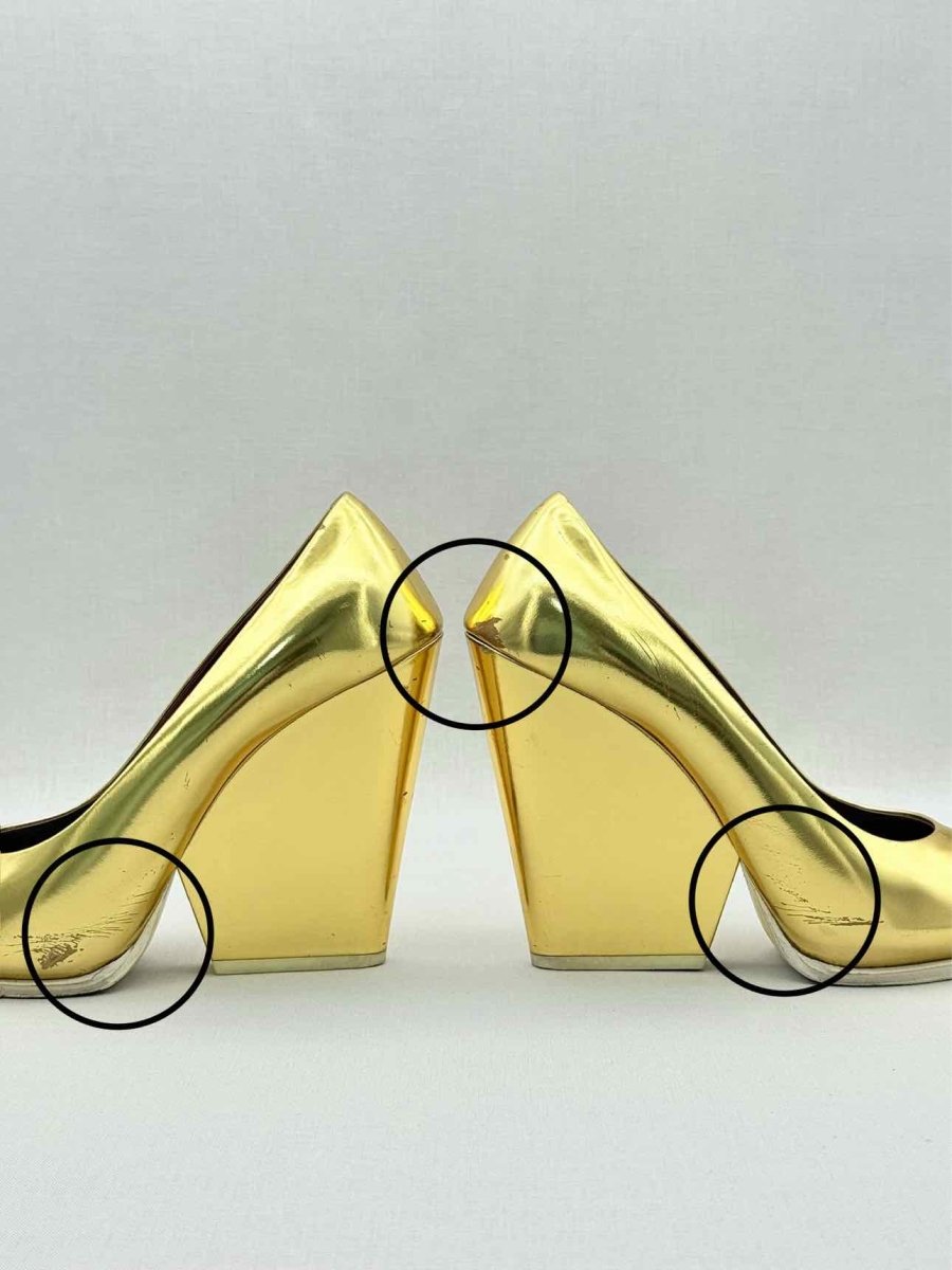 Pre - loved CELINE Metallic Gold Size EU 38.5 Wedges at Reems Closet