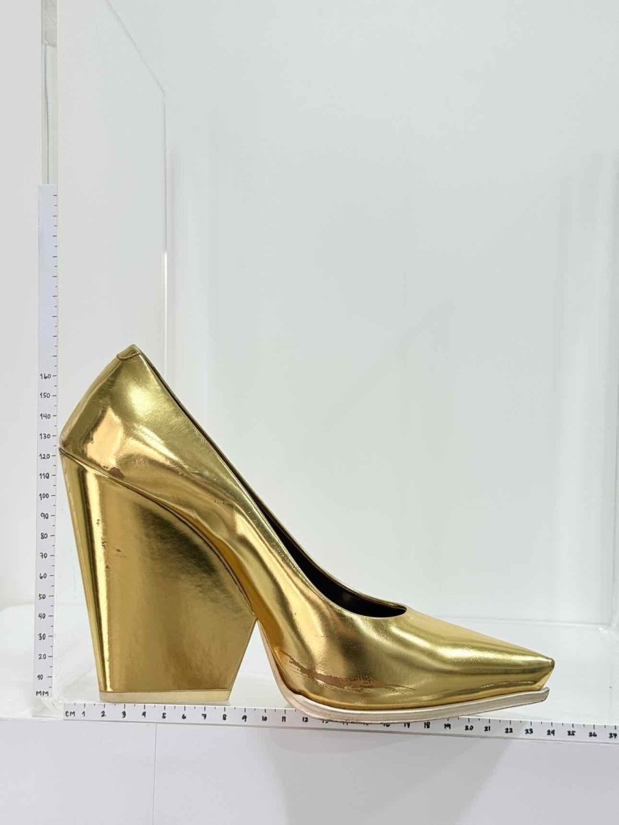 Pre - loved CELINE Metallic Gold Size EU 38.5 Wedges at Reems Closet