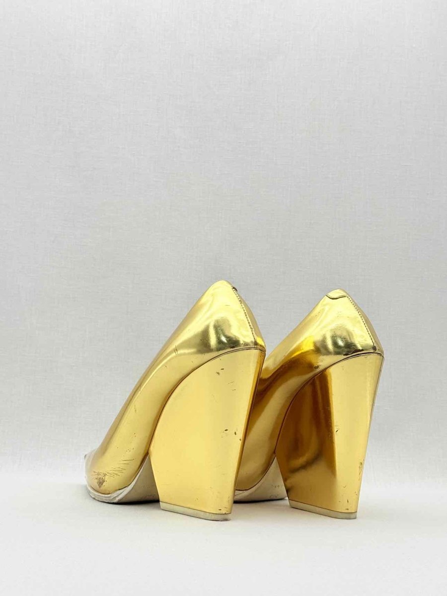 Pre - loved CELINE Metallic Gold Size EU 38.5 Wedges at Reems Closet