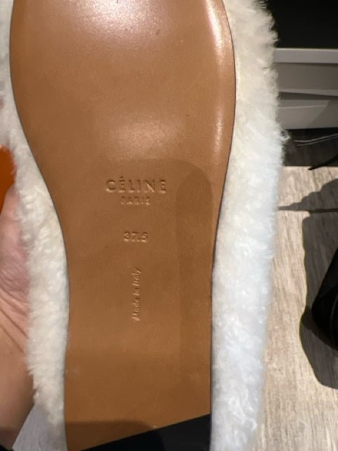 Pre - loved CELINE Shearling Off - white Flats 37.5 at Reems Closet