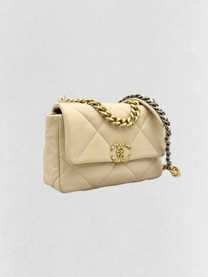 Pre - loved CHANEL 19 Flap Cream Quilted Shoulder Bag at Reems Closet