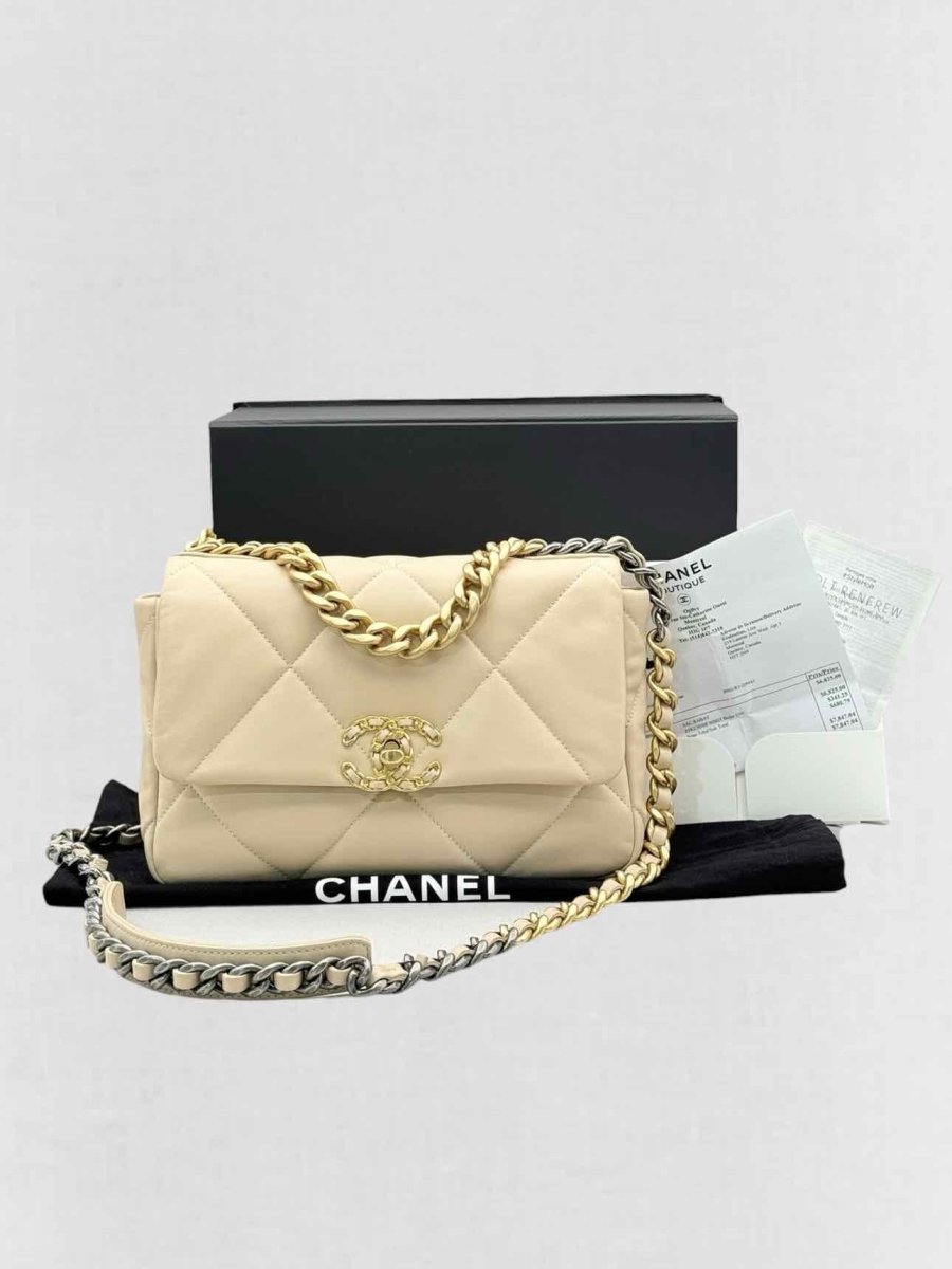 Pre - loved CHANEL 19 Flap Cream Quilted Shoulder Bag at Reems Closet