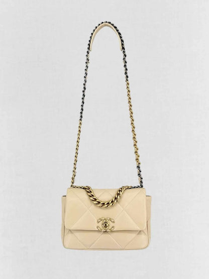 Pre - loved CHANEL 19 Flap Cream Quilted Shoulder Bag at Reems Closet