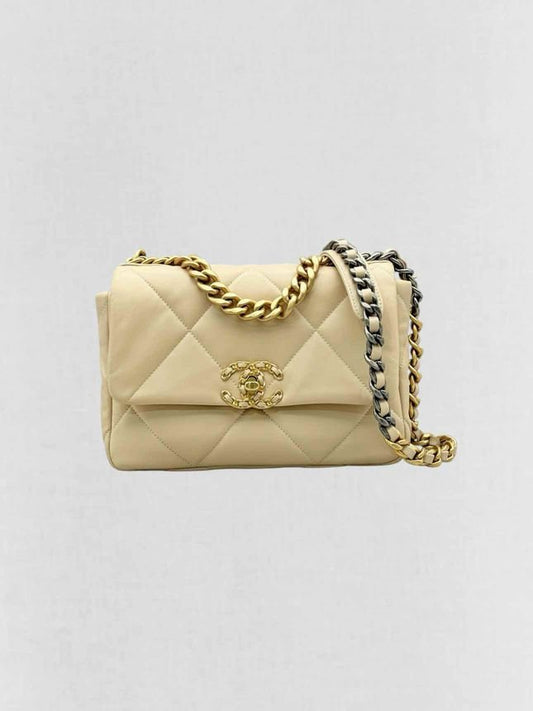 Pre - loved CHANEL 19 Flap Cream Quilted Shoulder Bag at Reems Closet