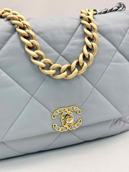 Pre-loved CHANEL 19 Flap Grey Quilted Shoulder Bag at Reems Closet
