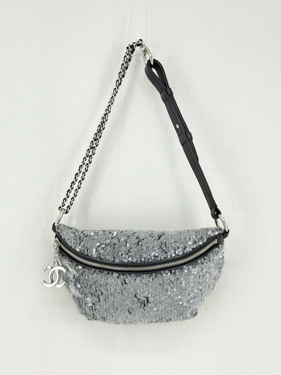 Pre - loved CHANEL 2018 Silver Belt Bag at Reems Closet