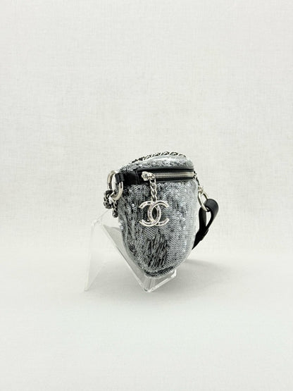 Pre - loved CHANEL 2018 Silver Belt Bag at Reems Closet