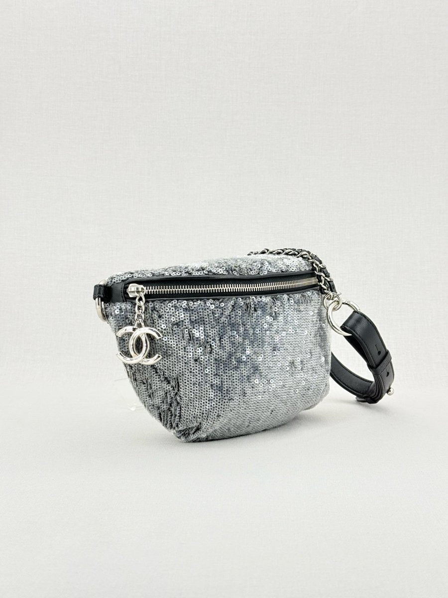 Pre - loved CHANEL 2018 Silver Belt Bag at Reems Closet