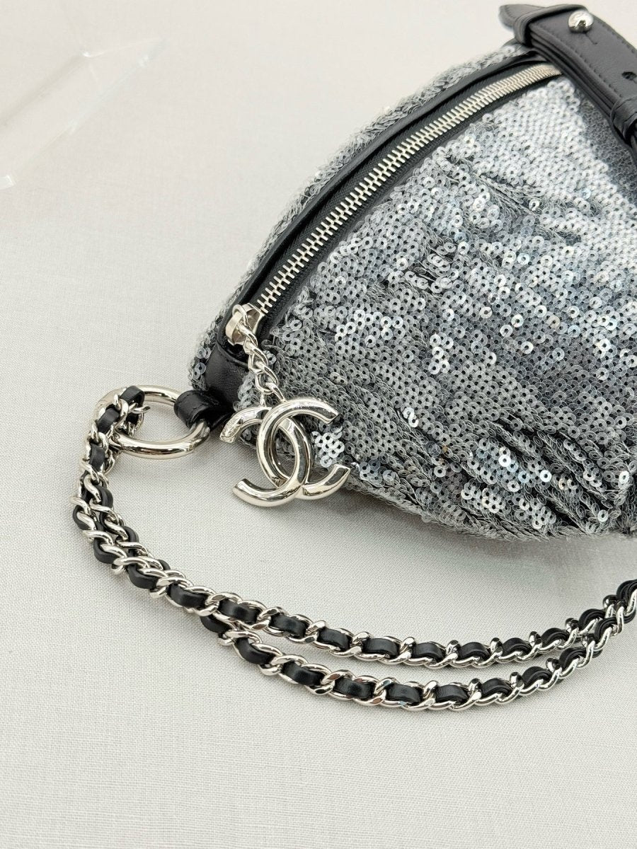 Pre - loved CHANEL 2018 Silver Belt Bag at Reems Closet