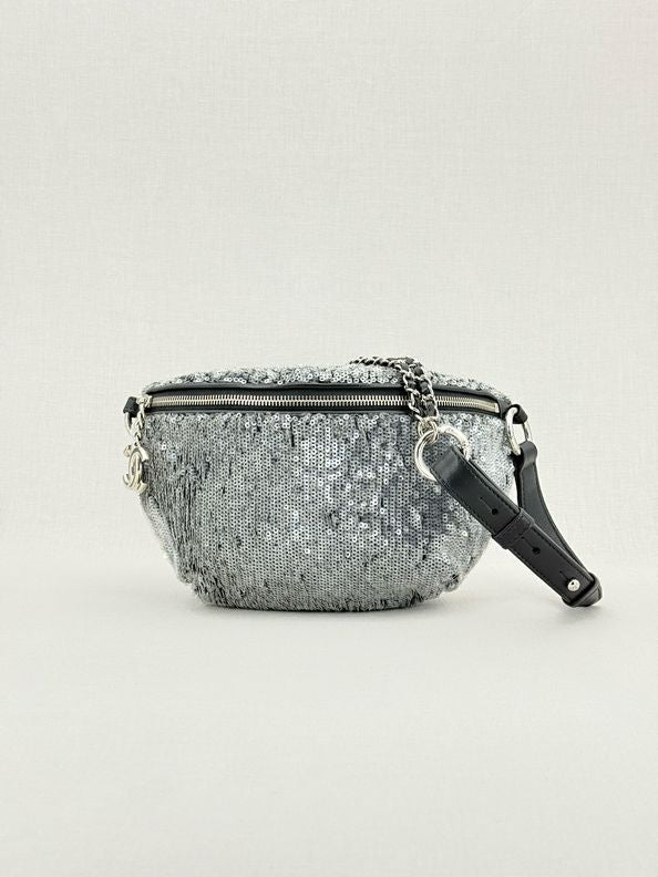 Pre - loved CHANEL 2018 Silver Belt Bag at Reems Closet