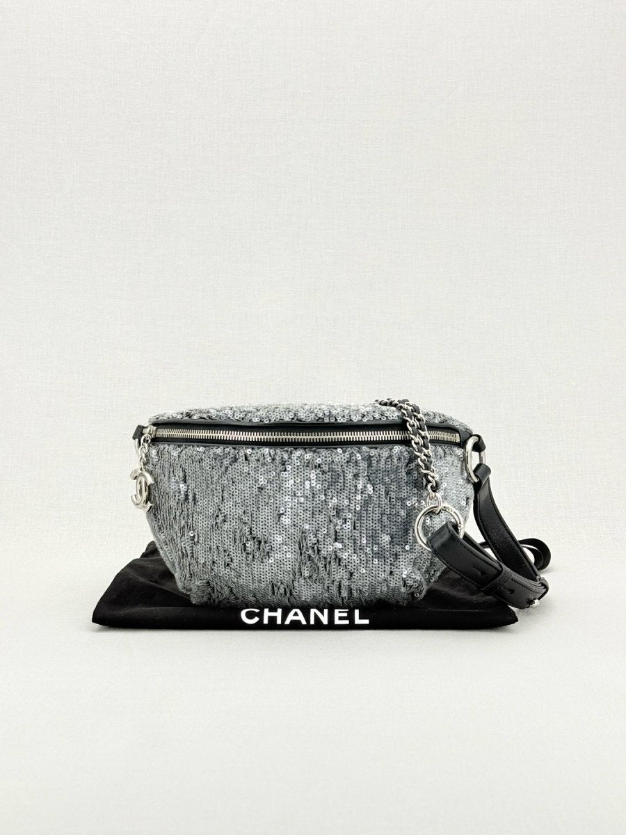 Pre - loved CHANEL 2018 Silver Belt Bag at Reems Closet