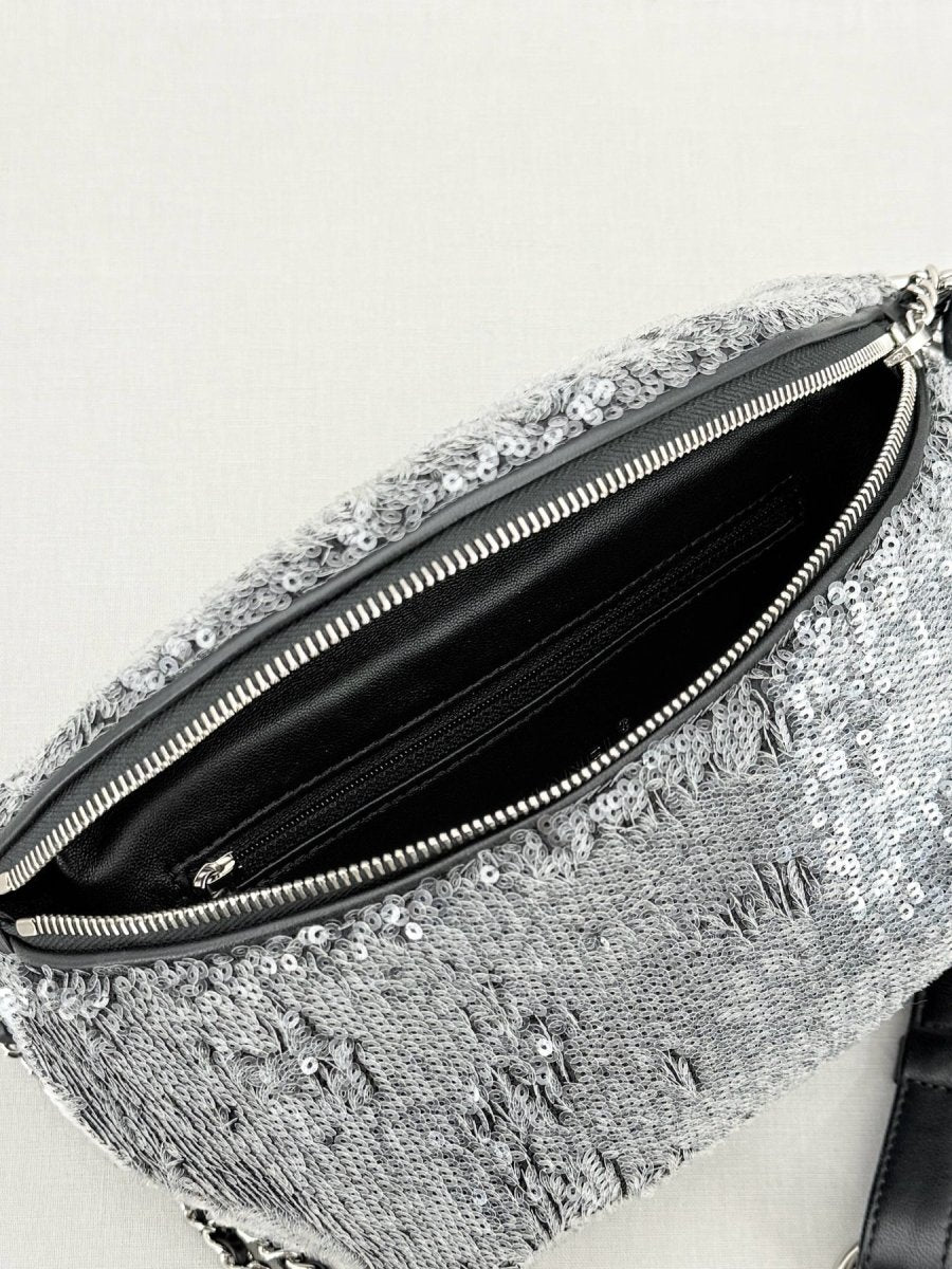 Pre - loved CHANEL 2018 Silver Belt Bag at Reems Closet