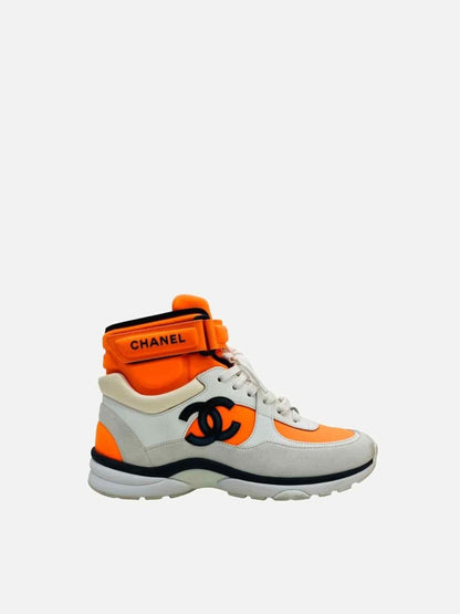 Pre - loved CHANEL 2018 White & Orange Sneakers at Reems Closet