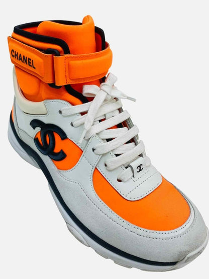 Pre - loved CHANEL 2018 White & Orange Sneakers 37 at Reems Closet