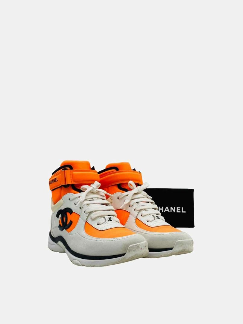 Pre - loved CHANEL 2018 White & Orange Sneakers 37 at Reems Closet