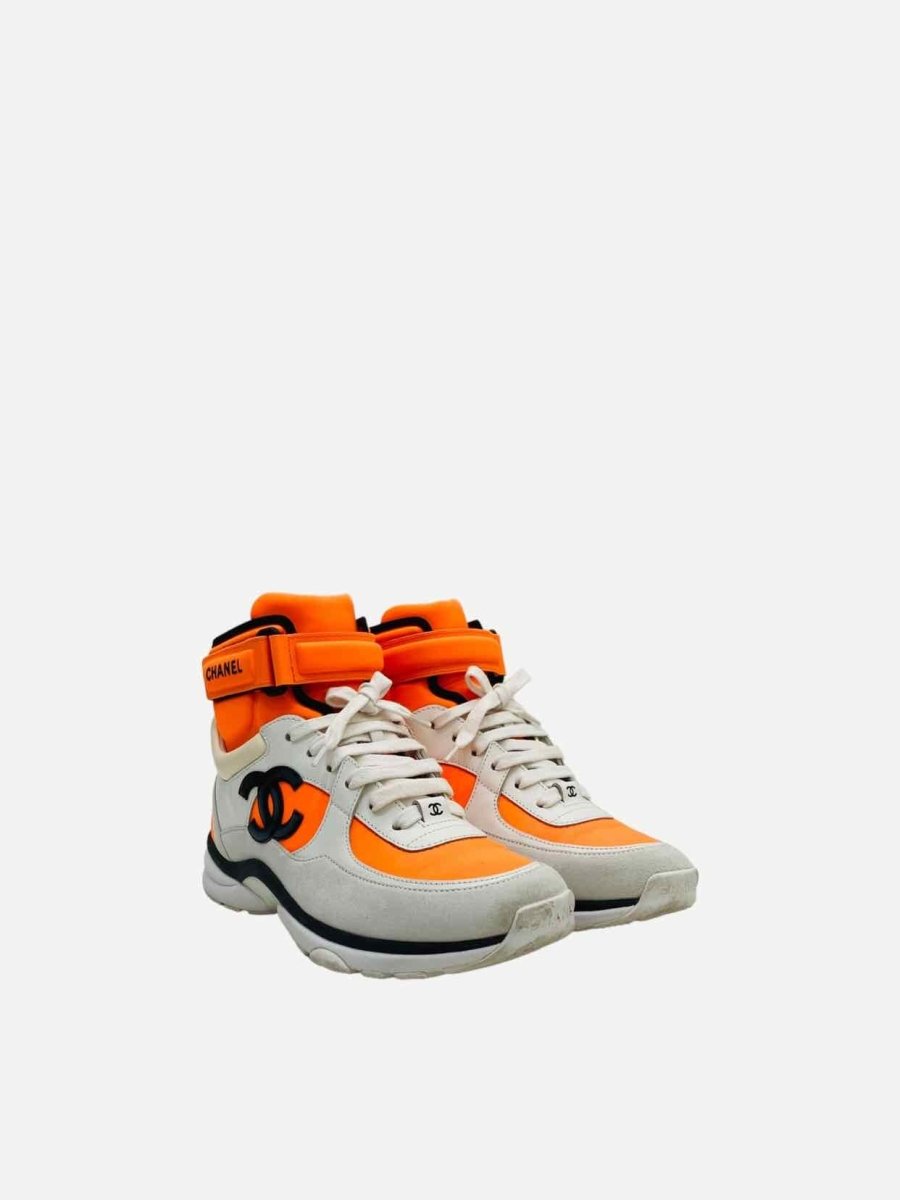 Pre - loved CHANEL 2018 White & Orange Sneakers 37 at Reems Closet