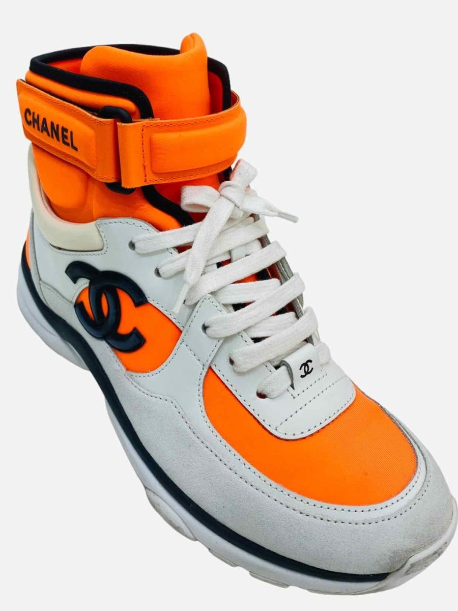 Pre - loved CHANEL 2018 White & Orange Sneakers at Reems Closet