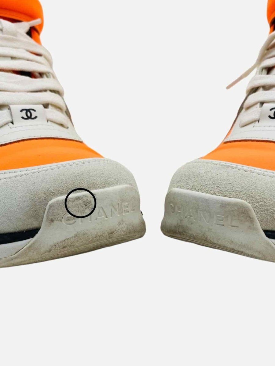 Pre - loved CHANEL 2018 White & Orange Sneakers at Reems Closet