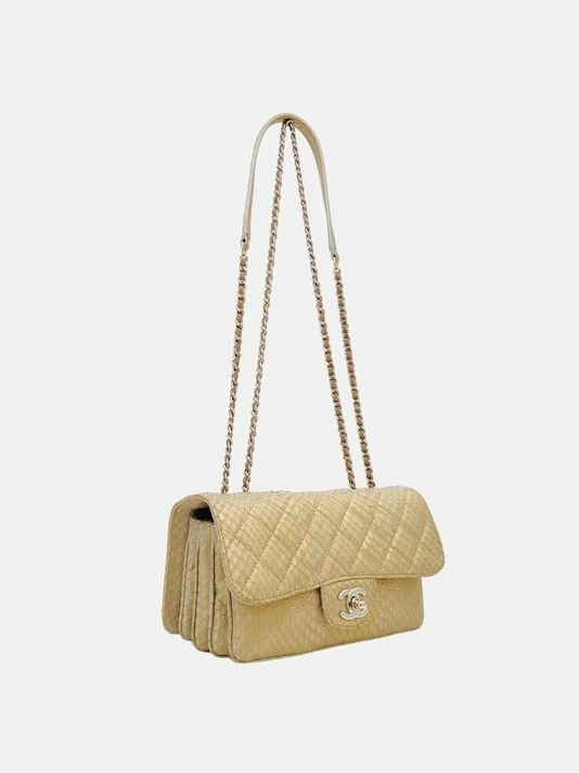 Pre - loved CHANEL 3 Accordian Flap Beige Quilted Shoulder Bag at Reems Closet