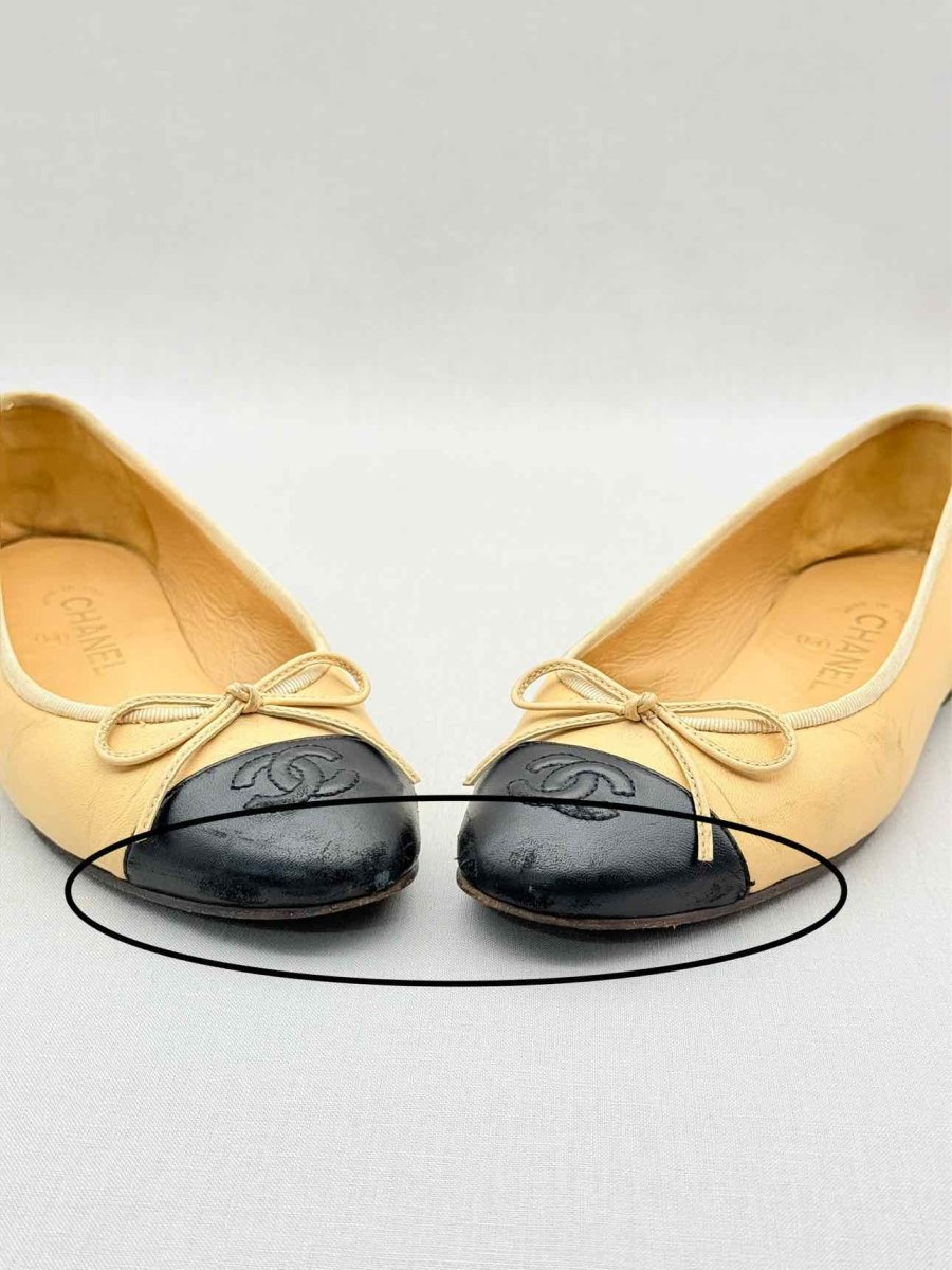 Pre - loved CHANEL Beige & Black Cap Toe Size EU 38 Ballet Flats at Reems Closet