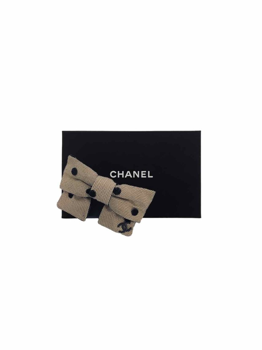 Pre - loved CHANEL Beige & Black Polka Dot Hair Clip at Reems Closet