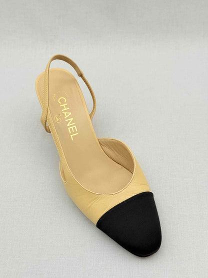 Pre - loved CHANEL Beige & Black Size EU 37.5 Slingbacks at Reems Closet