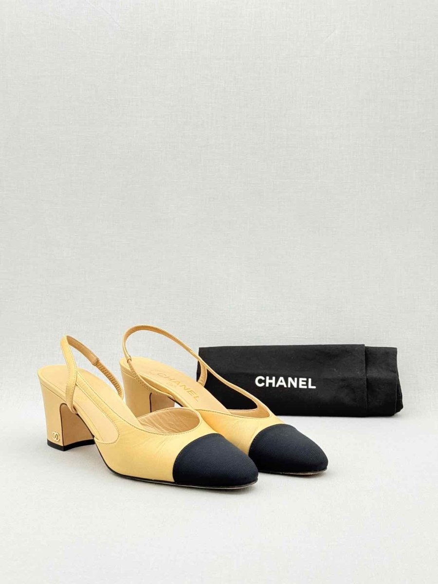 Pre - loved CHANEL Beige & Black Size EU 37.5 Slingbacks at Reems Closet