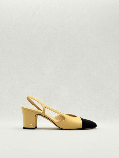 Pre - loved CHANEL Beige & Black Size EU 37.5 Slingbacks at Reems Closet