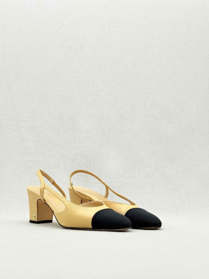 Pre - loved CHANEL Beige & Black Size EU 37.5 Slingbacks at Reems Closet