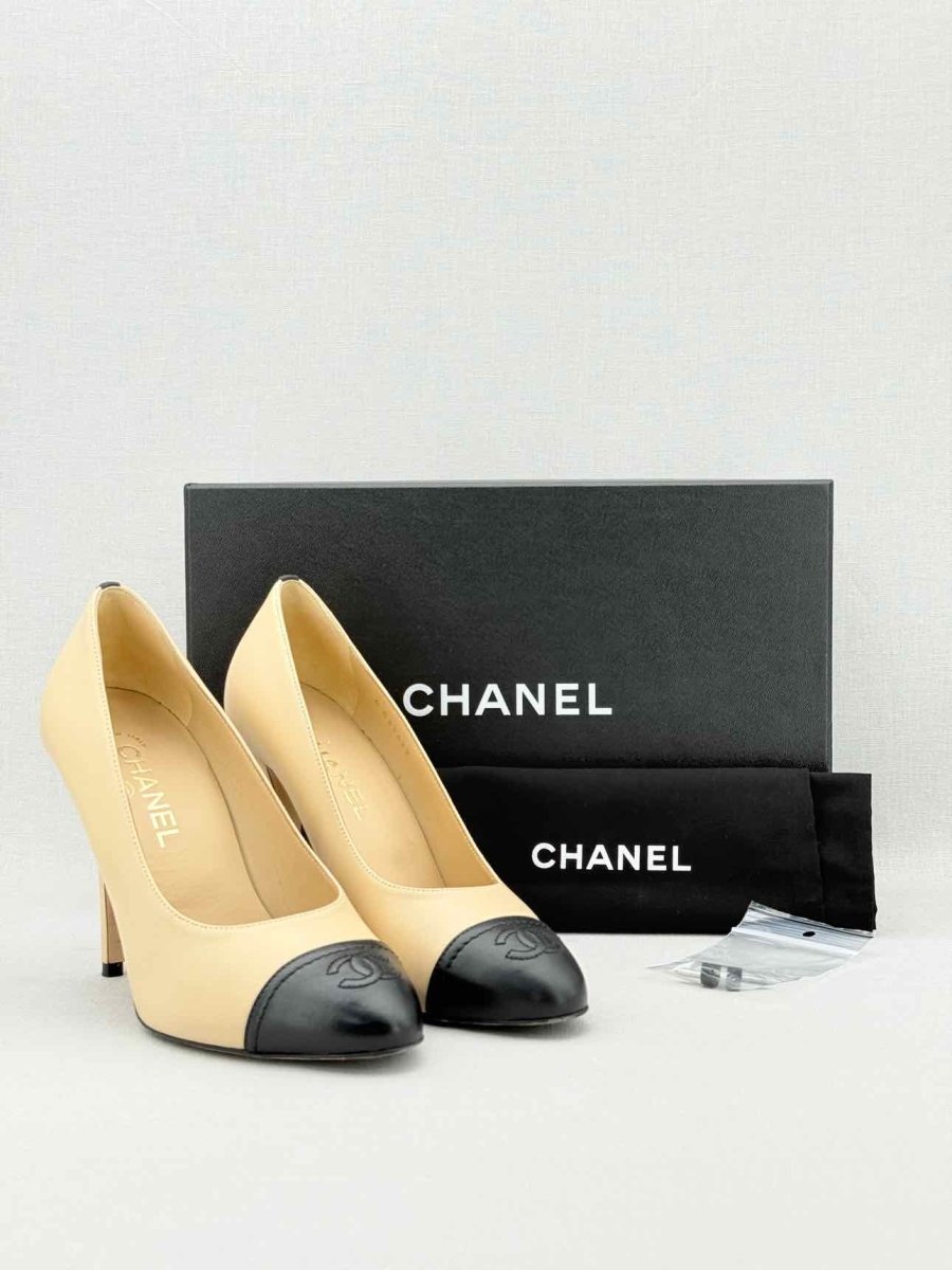 Pre - loved CHANEL Beige w/ Black CC Cap Toe Size EU 38 Pumps at Reems Closet