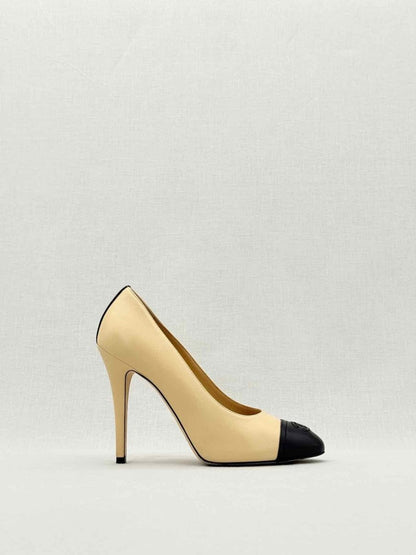 Pre - loved CHANEL Beige w/ Black CC Cap Toe Size EU 38 Pumps at Reems Closet