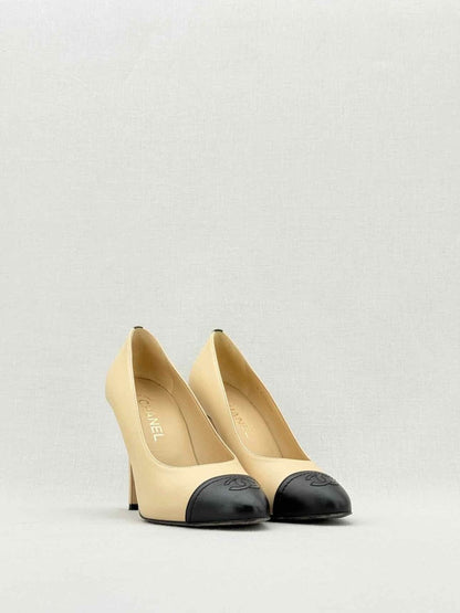 Pre - loved CHANEL Beige w/ Black CC Cap Toe Size EU 38 Pumps at Reems Closet