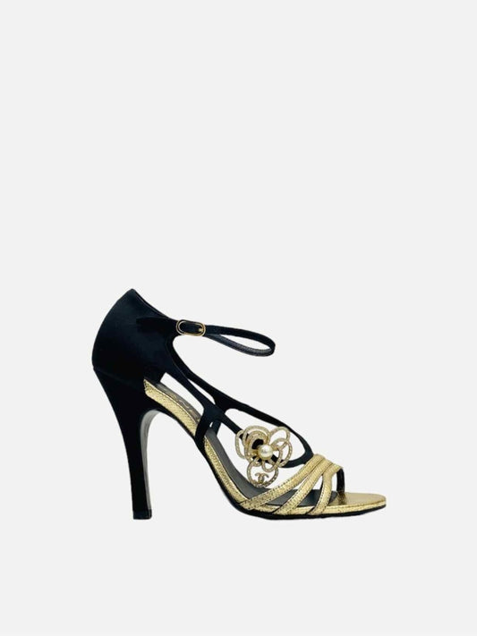 Pre-loved CHANEL Black & Gold Flower Brooch Heeled Sandals from Reems Closet