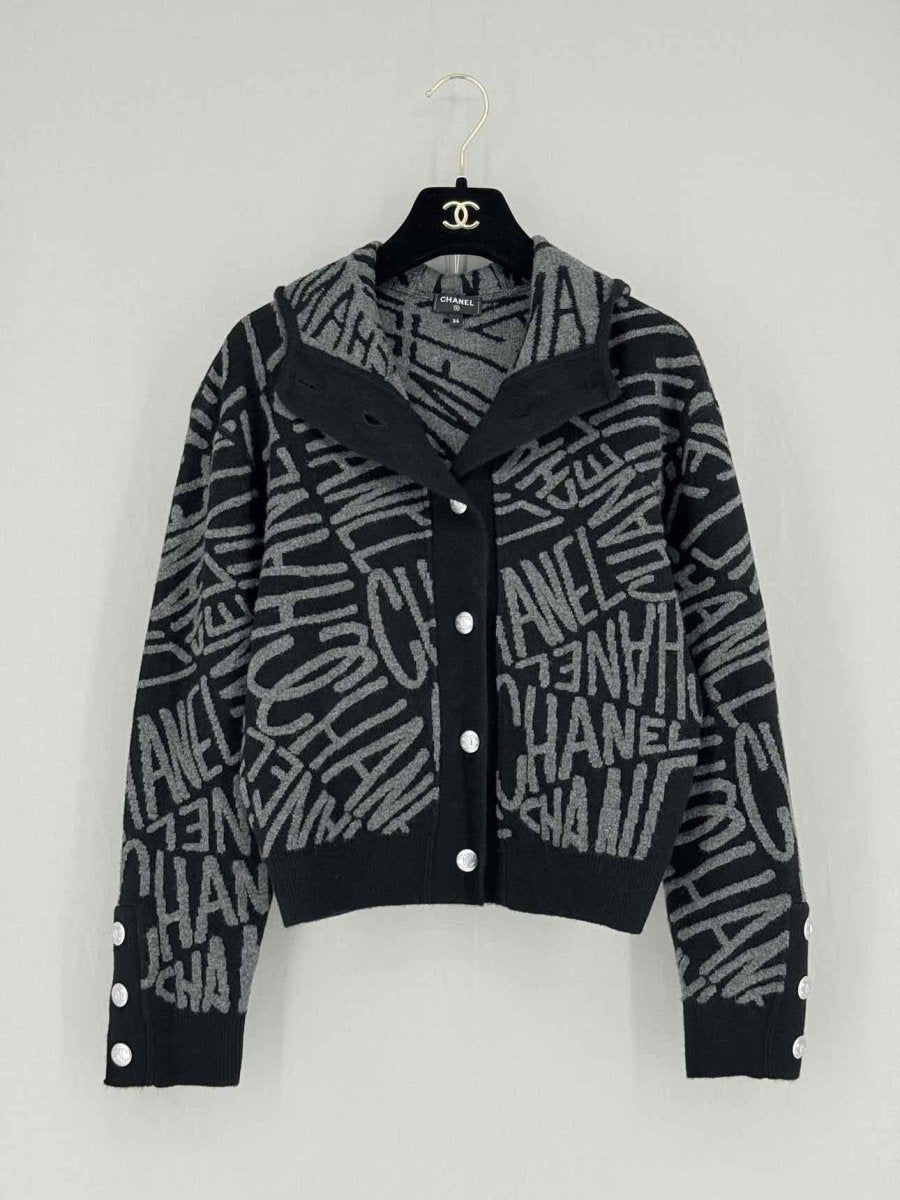 Pre - loved CHANEL Black & Grey Logo Design Size US 0 Cardigan at Reems Closet