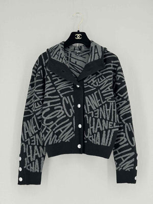 Pre - loved CHANEL Black & Grey Logo Design Size US 0 Cardigan at Reems Closet