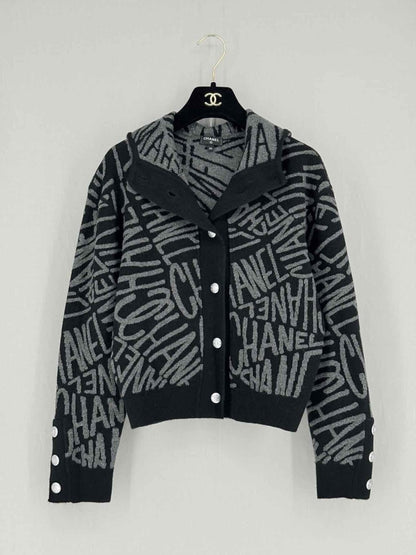 Pre - loved CHANEL Black & Grey Logo Design Size US 0 Cardigan at Reems Closet