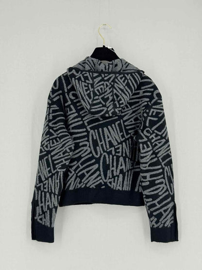 Pre - loved CHANEL Black & Grey Logo Design Size US 0 Cardigan at Reems Closet