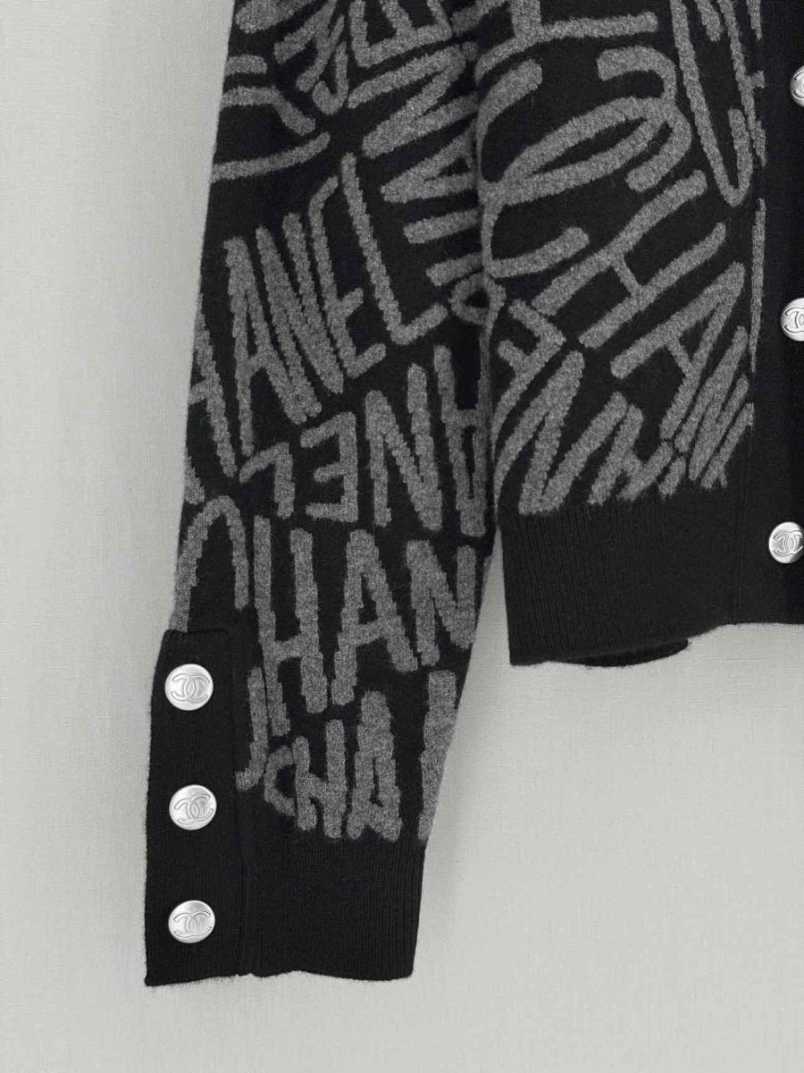 Pre - loved CHANEL Black & Grey Logo Design Size US 0 Cardigan at Reems Closet